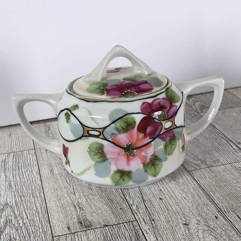 Vintage Japanese Floral Ceramic Sugar Bowl with Lid